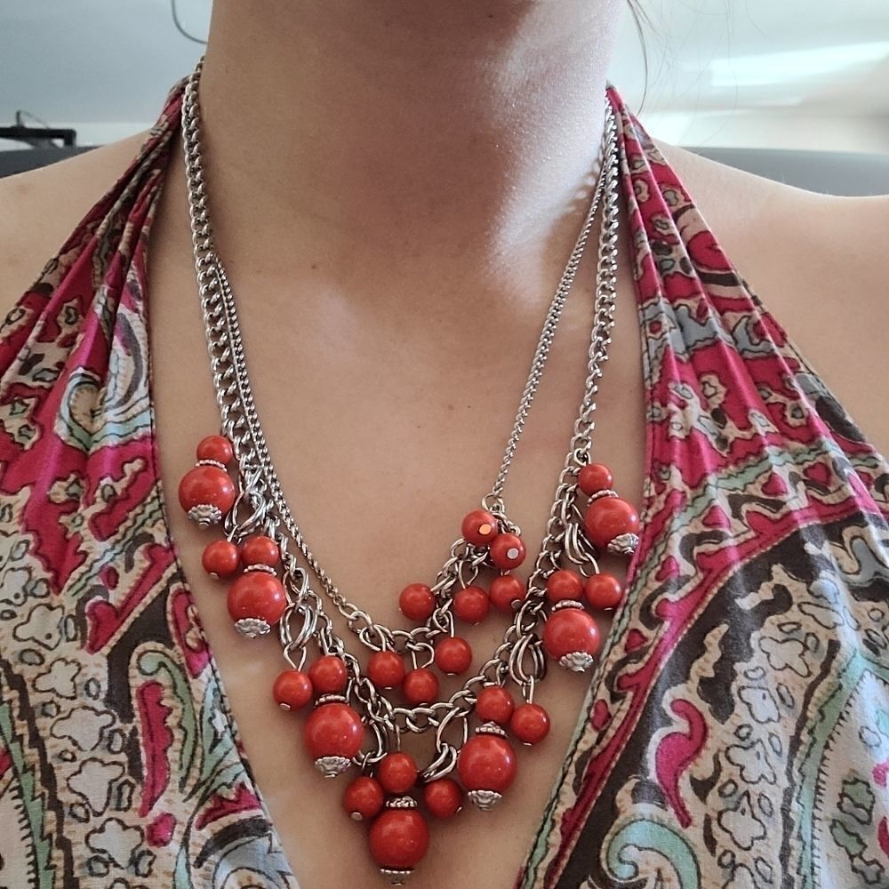 Cranberry ball dangle bib necklace & matching earr